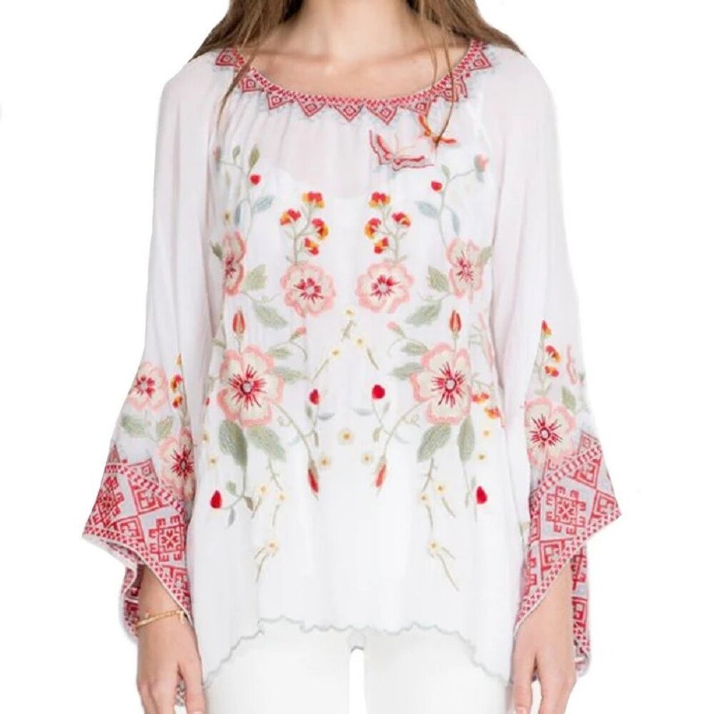 Johnny Was White Embroidered Floral Tunic with Pink and Green Accents